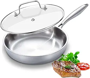 DELARLO Tri-Ply Stainless Steel Pan, 12 inch Frying Pan with Lid, Compatible with All Cooktops Up to 600℉, Fast & Even Heat, Skillet, Induction Cookware, Cooking Pan, Stir Fry Pan, Dishwasher Safe Pan