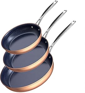 Nuwave 3-Piece 8”, 10”, 12” Forged Lightweight Frying Pan Set, G10 Healthy Duralon Blue Ceramic Ultra Non-Stick, Ergonomic Stay-Cool Handles, Induction-Ready & Works on All Cooktops