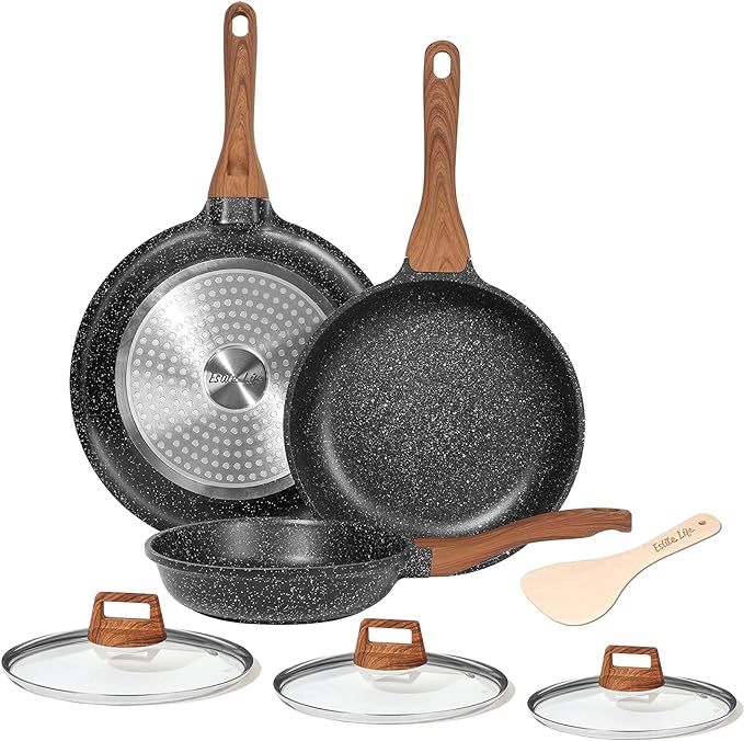 ESLITE LIFE Frying Pan Set with Lids - Granite Non-stick Cookwares