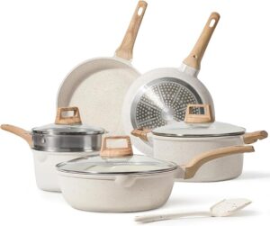 CAROTE Pots and Pans Set Nonstick, White Granite Induction Kitchen Cookware Set, 10 Pcs Non Stick Cooking Set w/Frying Pans & Saucepans(PFOS, PFOA Free)