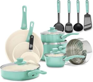 GreenLife Soft Grip Healthy Ceramic Nonstick 16 Piece Kitchen Cookware Pots and Frying Sauce Saute Pans Set, PFAS-Free with Kitchen Utensils and Lid, Dishwasher Safe, Turquoise