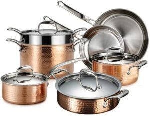 Lagostina Martellata Tri-ply Hammered Copper 11 PC Pots and Pans Cookware Set, Copper