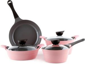 Neoflam Eela 7pc Ceramic Coated Nonstick Cookware Pots&Pan Set with Saucepan, Frying Pan, Casserole Stockpot, Glass Lids, Silicone Hot Handle Holder Included, 7-Piece,Pink