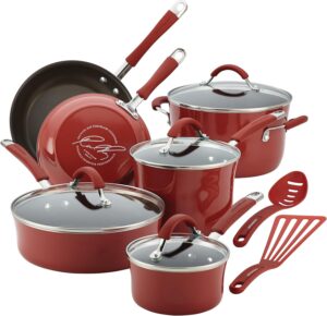 Rachael Ray Cucina Nonstick Cookware Pots and Pans Set, 12 Piece, Cranberry Red