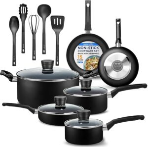 SereneLife Kitchenware Pots & Pans Basic Kitchen Cookware, Black Non-Stick Coating Inside, Heat Resistant Lacquer (15-Piece Set), One Size