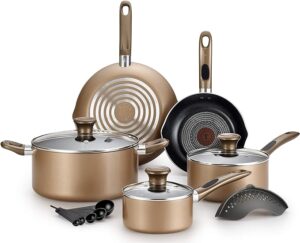 T-fal B036SE Excite ProGlide Nonstick Thermo-Spot Heat Indicator Dishwasher Oven Safe Cookware Set, 14-Piece, Bronze, 32406062108