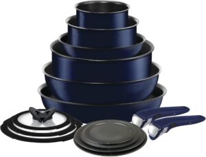 T-fal Ingenio Expertise Non Stick Cookware Set 14 Piece, Induction Oven Broiler Safe 500F, Detachable/ Removable Handle, Kitchen, Pots and Pans, RV, Camping, Fry Pans, Saucepans, Dishwasher Safe, Blue