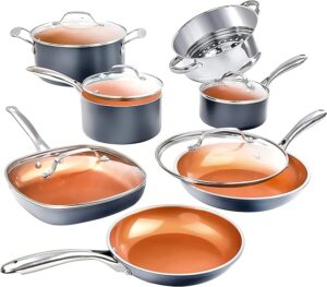 Gotham Steel 12 Pc Ceramic Pots and Pans Set Non Stick, Kitchen Cookware Sets, Pot and Pan Set, Ceramic Cookware Set, Non Toxic Cookware Set, Non Stick Pots and Pan Set, Oven Dishwasher Safe - Copper