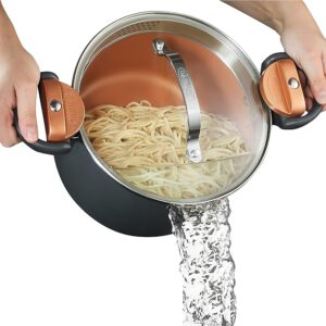 Gotham Steel 5 Quart Stock Pot Multipurpose Pasta Pot with Strainer Lid & Twist and Lock Handles, Nonstick Ceramic Surface Makes for Effortless Cleanup with Tempered Glass Lid, Dishwasher Safe