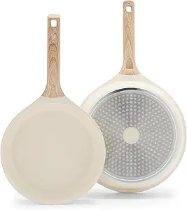 GreenLife Arte 2 Piece Frying Pan Set, Ceramic Nonstick 9.5" & 11" Skillets, Induction Suitable, Non Toxic PFOA & PFAS Free, Wood Print Handles, Dishwasher Safe, Speckled Cream