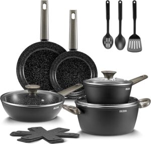 BEZIA Induction Cookware Set 15-Piece, Nonstick Pots and Pans Set, Non Stick Kitchen Cooking Cookware Set with Stay-Cool Bakelite Handle, Dishwasher Safe, Compatible with All Stoves, Black