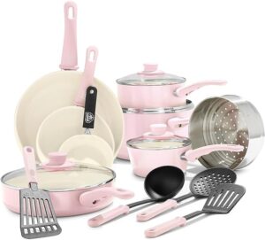 GreenLife Soft Grip 16 Piece Cookware Set, Non-Toxic PFAS-Free Ceramic Nonstick, Frying, Sauce, Saute, Utensils, Glass Lids, Stay-Cool Handles, Wobble Free, Dishwasher & Oven Safe, Soft Pink