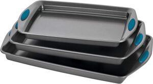 Rachael Ray Bakeware Nonstick Cookie Pan Set, 3-Piece, Gray with Marine Blue Grips