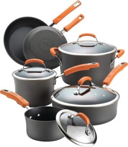 Rachael Ray Brights Hard-Anodized Aluminum Nonstick Cookware Set with Glass Lids, 10-Piece Pot and Pan Set, Gray with Orange Handles