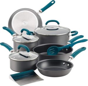 Rachael Ray Create Delicious Hard Anodized Nonstick Cookware Pots and Pans Set, 11 Piece, Gray with Teal Handles