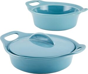 Rachael Ray Solid Glaze Ceramics Casserole Bakeware/Baker Set with Shared Lid, 3 Piece, Agave Blue