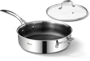 DELUXE Hybrid Nonstick 3.7 Qt Deep Sauté Pan with Lid, Stainless Steel Cookware Skillet with Stay-Cool Handles, Dishwasher and Oven-Safe, PFOA Free Deep Frying Pan, Compatible with All Cooktops