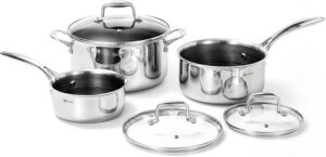 DELUXE Hybrid Nonstick 6-Piece Pot Set, 1.3, 3&5.4-Quart Pots with Tempered Glass Lids, Stainless Steel Cookware Pots with Stay-Cool Handles, Dishwasher Safe, PFOA Free Compatible with All Cooktops