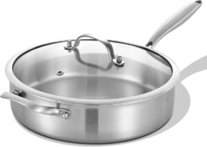 LOLYKITCH 5 Quarts Tri-Ply Stainless Steel Sauté Pan wih Lid, 12 Inch Deep Frying Pan,Jumbo Cooker,Induction Cooking Pan,Dishwasher and Oven Safe,Detachable Handle.