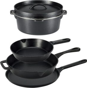 Amazon Basics Pre-Seasoned Cast Iron 5 Pieces Kitchen Pots and Pans Cookware Set, Black, 14.17 x 12.2 x 10.63 in