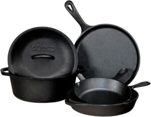 Lodge Seasoned Cast Iron 5 Piece Bundle. 10.5" Griddle, 8" Skillet, 10.25" Skillet, 10.25" Dutch Oven, and 10.25" Lid,Black