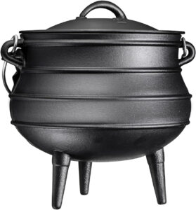 Pre-Seasoned Cast Iron Cauldron - 10 Qt Bruntmor African Potjie Pot with Lid - 3-Legged Dutch Oven for Campfire Cooking - Camping Cookware for Even Heat Distribution