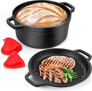 Pre-Seasoned Cast Iron 2-In-1 Heavy-Duty 5.5qt Dutch Oven With Skillet Lid Set, Oven,Grill, Stove Top, BBQ and Induction Safe