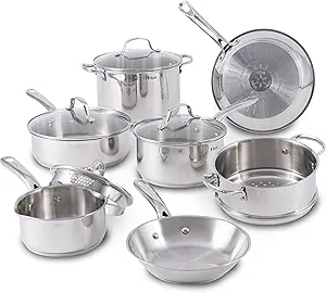 T-fal Gourmet Stainless Steel Cookware Set 11 Piece, Induction, Oven Broiler Safe 500F, Kitchen Cooking Set w/ Fry Pans, Saucepans, Sautepan, Dutch Oven, Steamer, Pots and Pans, Dishwasher Safe Silver