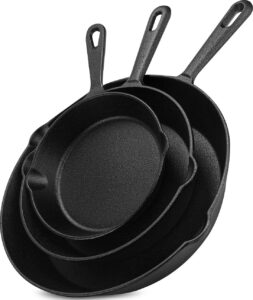 Utopia Kitchen Saute Fry Pan - Pre-Seasoned Cast Iron Skillets Set 3-Piece Frying Pan comprised of 6", 8", and 10" Cast Iron Pan - Easy Use in the Oven, Stove, Grill, or Campfire - Black